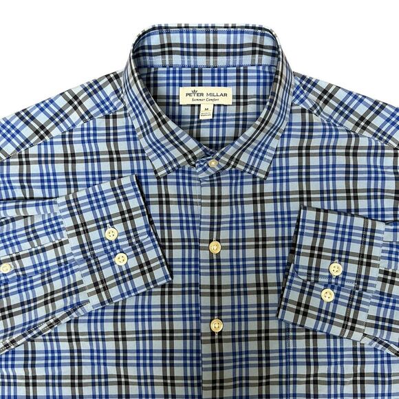 Peter Millar Summer Comfort Button Down Performance Long Sleeve Blue Plaid Shirt - Picture 1 of 10